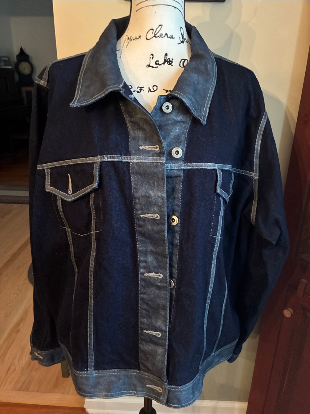 Men's Dark Blue Denim Jacket with hand painted Silver Contrast Trim